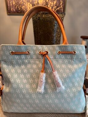 Dooney & Bourke Light Blue Canvas Tote with Tan Leather Trim & Tassels NWOT